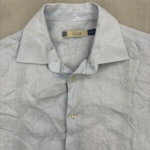 Linos Shirt Mens Medium Blue Teal 100% Lino Linen Embroidered Short Sleeve